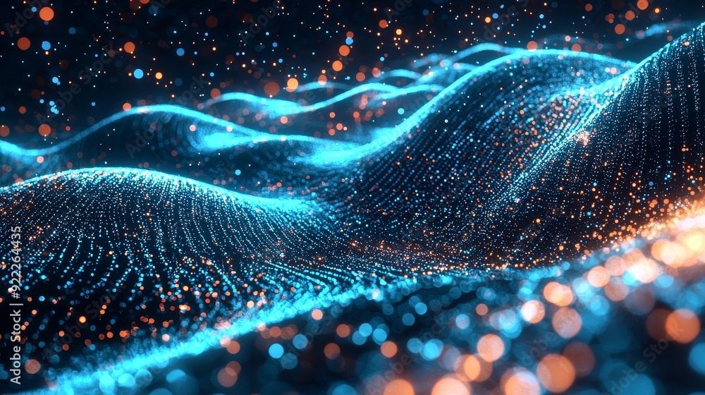 Poster luminescent blue digital landscape with cube particle. crypto currency, big data, blockchain, and di
