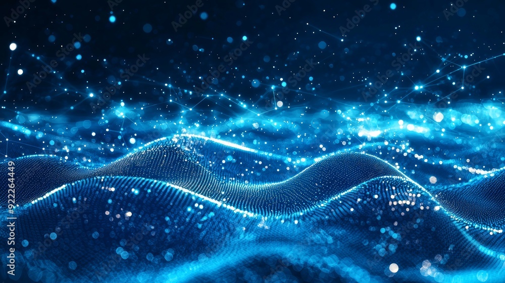 Poster digital landscape with cube particles in a glowing blue color. crypto currency, big data, block chai