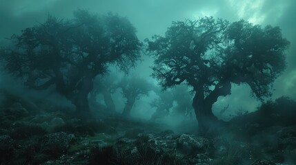Silhouettes of Trees in Foggy Forest at Dusk
