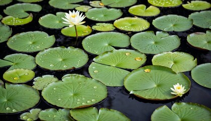 A high-resolution photograph showcasing lily pads with droplets of water glistening on their surfaces, set against a backdrop of calm, clear water