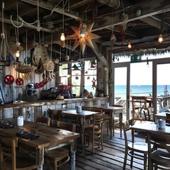 Fototapeta premium Cozy beachside restaurant interior with rustic decor and ocean view.