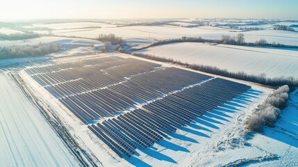 Overhead view of a solar farm in a snowy landscape, with clear sky for copy space.