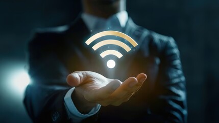 Businessman holding wifi icon symbolizing wifi connectivity and technology, modern office setting, digital communication