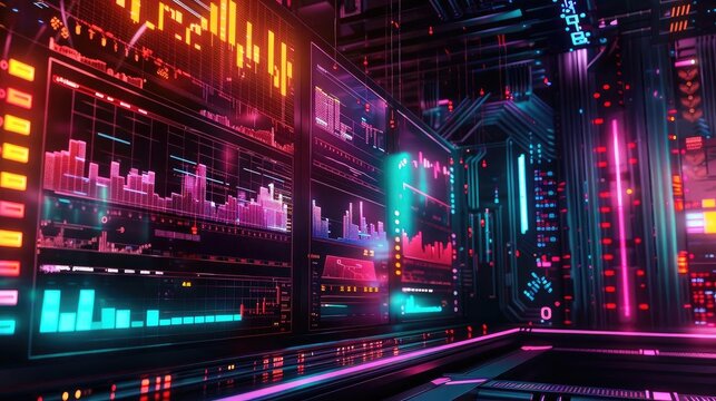 Vibrant digital landscape showcasing colorful data visualizations and futuristic technology elements in a cyberpunk setting.