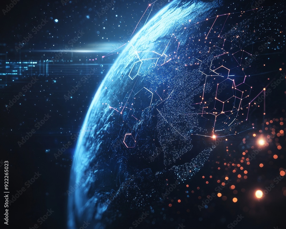 Poster earth's surface, city lights, and cellular digital networks are growing in binary data