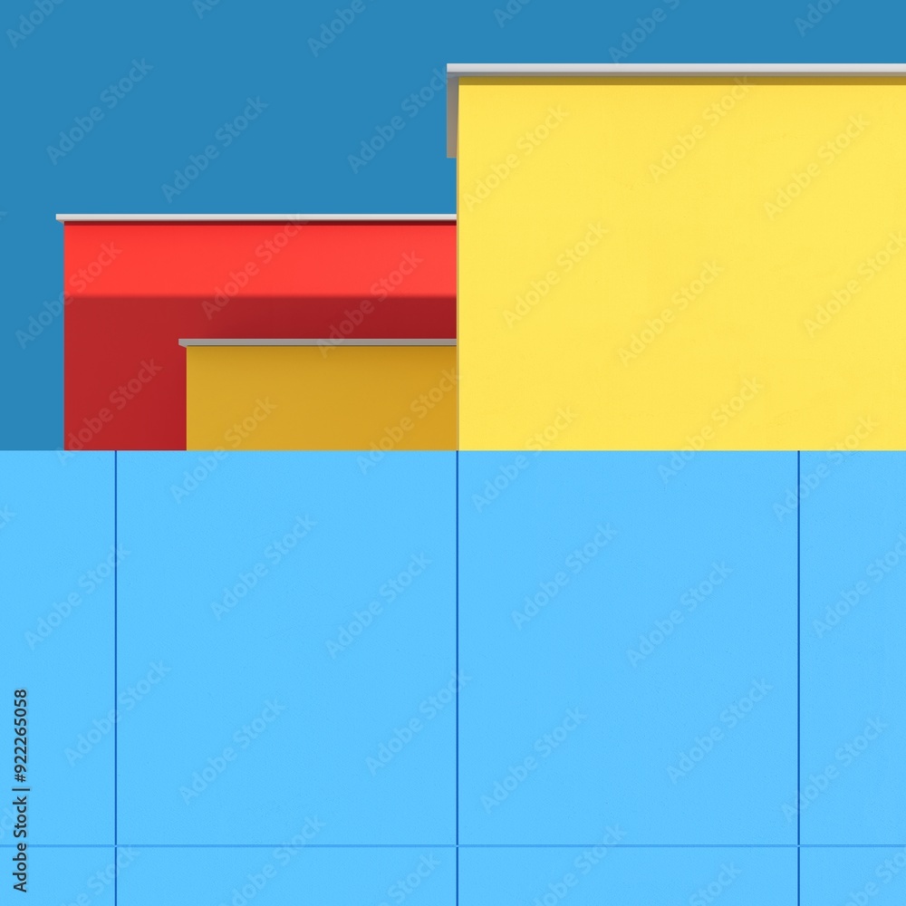 Poster pastel colors of minimal building with shadow line composition on blue sky background. 3d render. mi