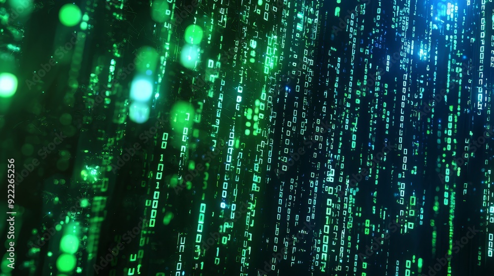 Poster wavy plane with digital code elements. data lines, wireless data loops, cyber striped 3d illustratio