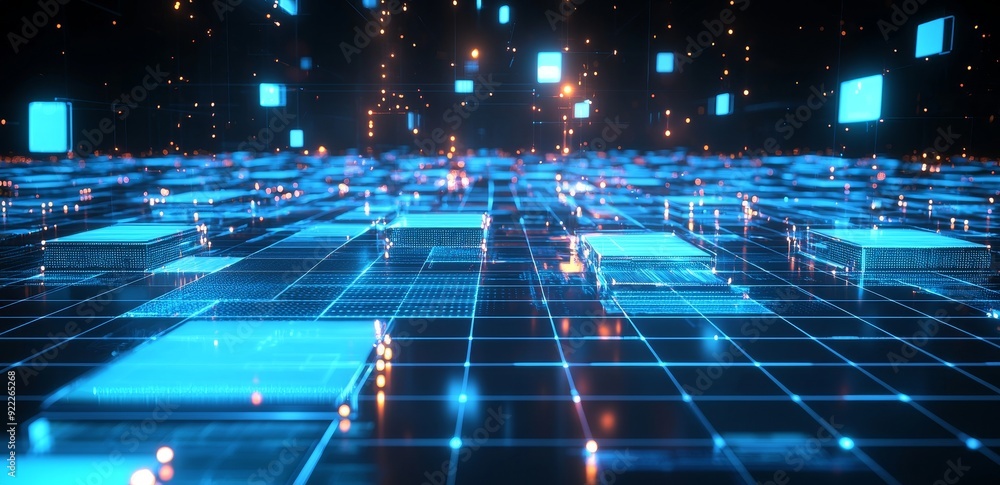 Poster an illustration of a smart city and big data connection concept in three dimensions. sci-fi skyline 