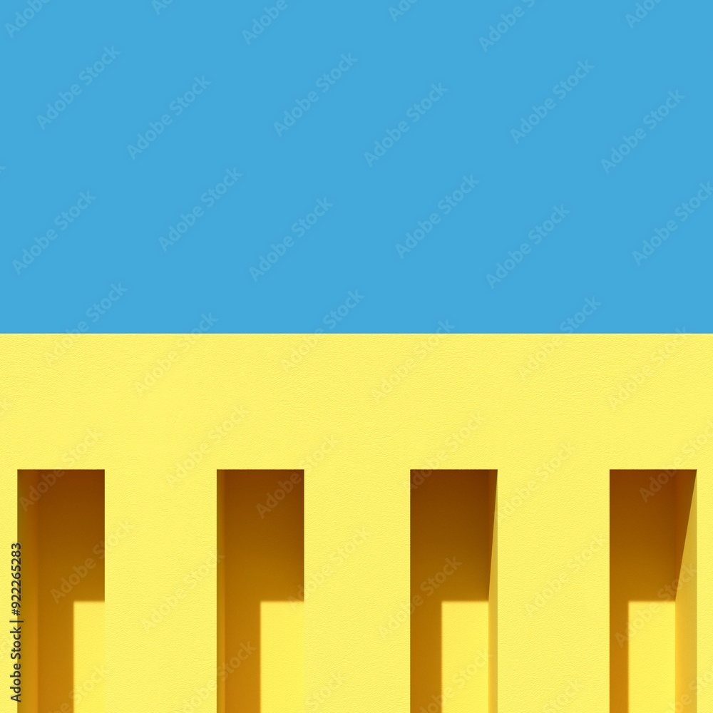 Poster yellow colors minimal arch building contrast blue sky with clouds. 3d rendering. minimal idea concep