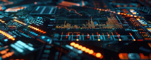Abstract digital circuit board design with glowing lights and intricate patterns, representing technology and innovation.