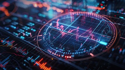 Futuristic data visualization with vibrant colors and intricate graphs showcasing technology and analytics.