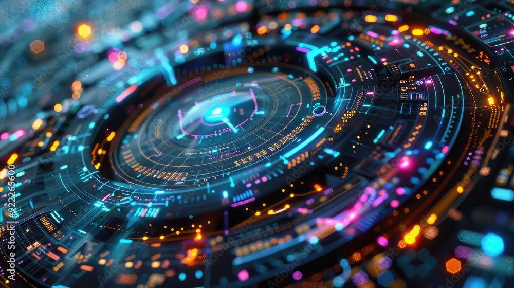 Poster vibrant digital abstract with glowing lines and circular patterns, ideal for technology visualizatio