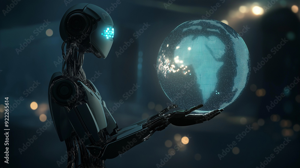 Aufkleber an ai-powered robot holds a glowing holographic globe. the robot has a sleek, futuristic design, hol