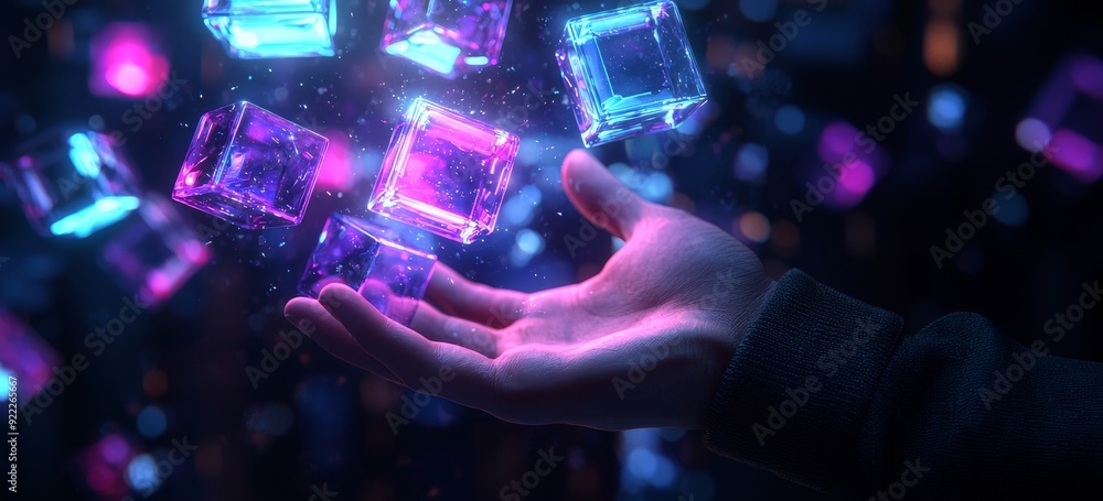 Poster person with glasses using touching object for experiences of metaverse virtual world. futuristic ton