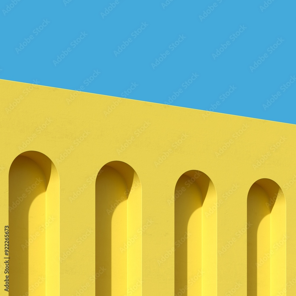 Poster yellow colors minimal arch building contrast blue sky with clouds. 3d rendering. minimal idea concep