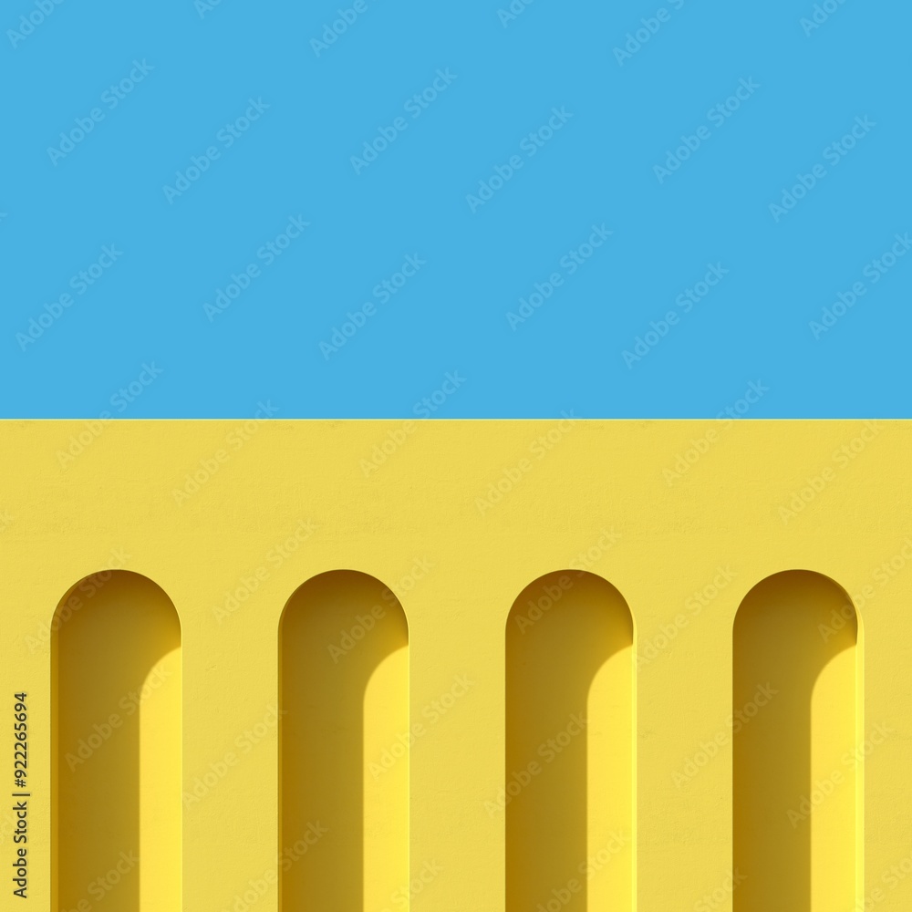 Aufkleber yellow colors minimal arch building contrast blue sky with clouds. 3d rendering. minimal idea concep