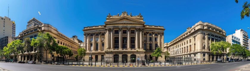 Fototapeta premium Stunning panoramic view of historic buildings under a clear blue sky, showcasing architectural beauty and urban charm.