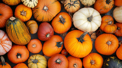 Top view of fresh ripe pumpkins holiday decoration
