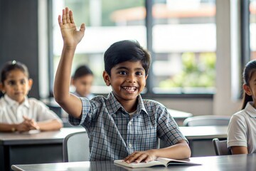 "Indian Boy Raising Hand with Enthusiasm in Class" - An enthusiastic Indian boy raising his hand eagerly during a classroom discussion.