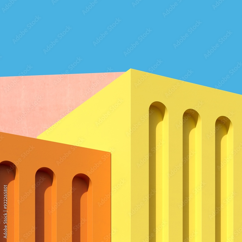 Aufkleber abstract minimal building pastel colors as a space composition with sky background. 3d rendering. mi