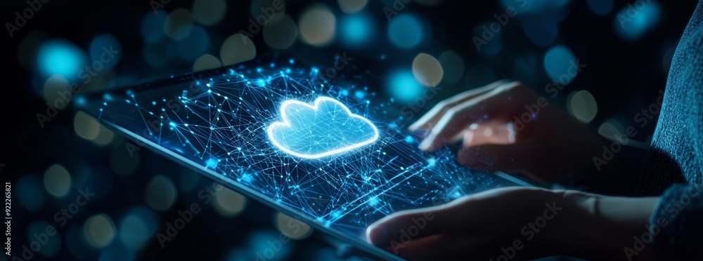 Poster computer connected to cloud network for business network data transfer. cloud computing technology a