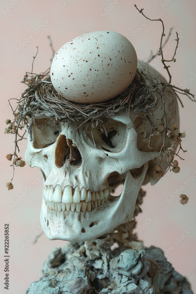 Poster a skeleton skull with a single tiny birdâ€™s nest on top, containing a single egg, isolated on a pas