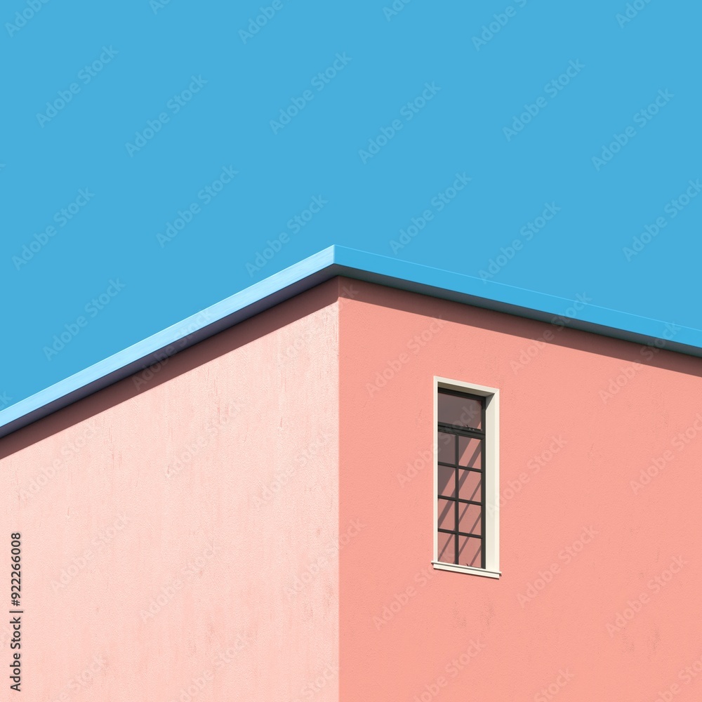 Aufkleber pink building with one windows isolate on blue sky background. 3d render. minimal architecture idea 