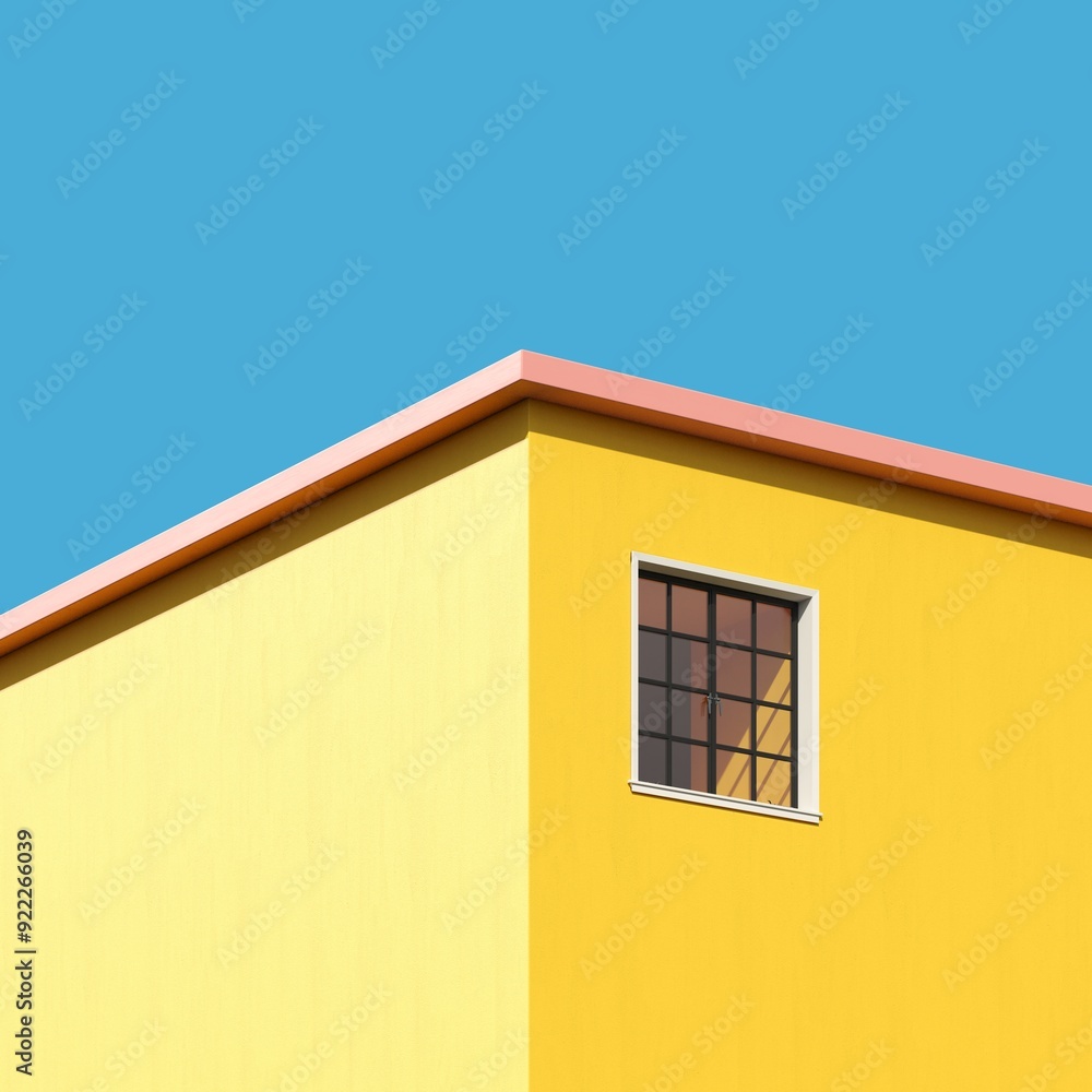 Poster minimal yellow building with pink rooftop isolate on blue sky background. 3d rendering. minimal idea