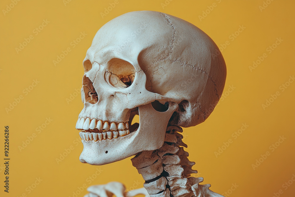 Poster a skeleton skull with a single piece of parchment rolled up and placed in its eye socket, isolated o