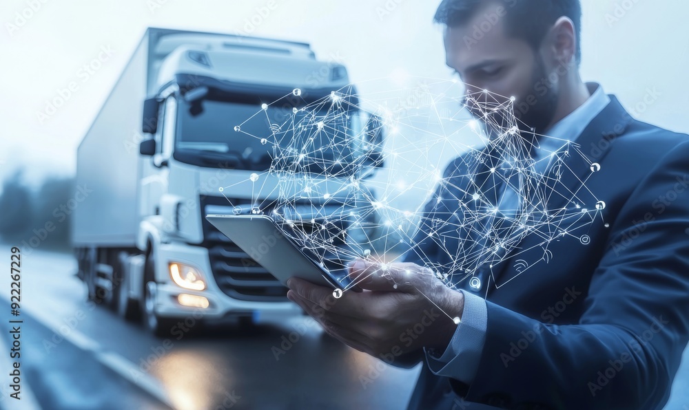 Poster in transport and logistics, managers and engineers are checking and controlling logistic distributio