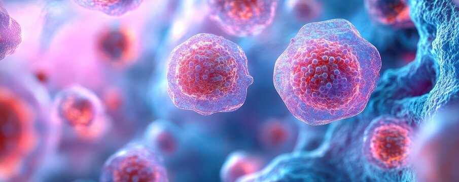 A high-definition medical illustration showcasing detailed 3D imaging of mutated cells in tissue under a microscope, featuring realistic textures and vibrant colors.