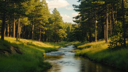 A river runs through a forest with trees on both sides