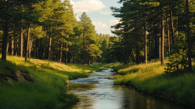 A river runs through a forest with trees on both sides