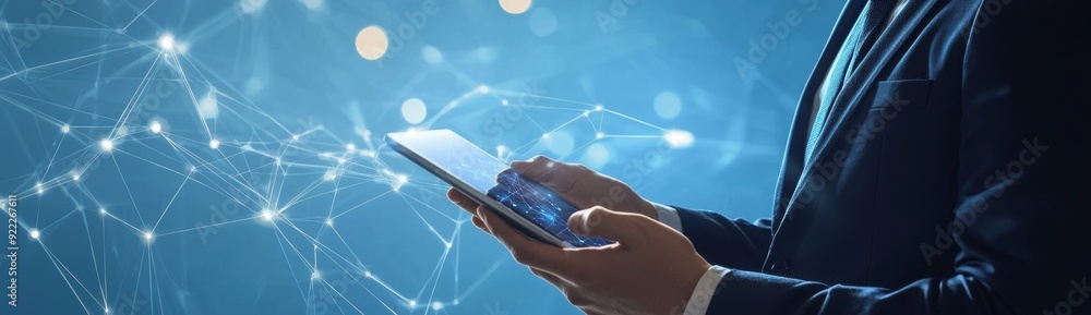 Aufkleber on an abstract digital background, a businessman works with a tablet. the concept of digital transfo