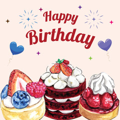 Birthday cake and cupcake dessert watercolor set design