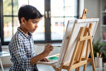 "Indian Boy in Art Class Painting on Canvas" - An Indian boy in an art class, painting on a canvas, expressing his creativity.