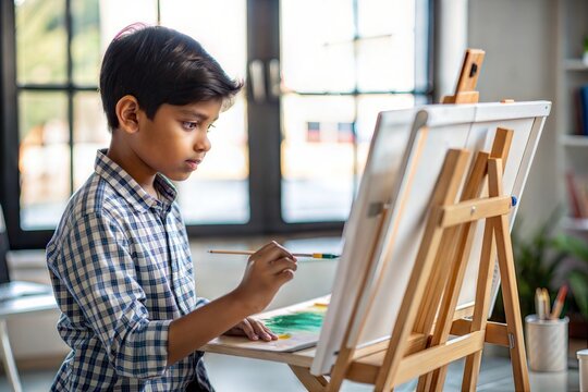 "Indian Boy in Art Class Painting on Canvas" - An Indian boy in an art class, painting on a canvas, expressing his creativity.
 - Powered by Adobe