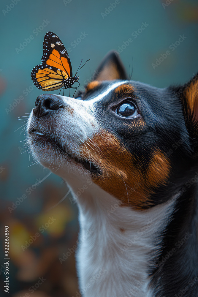 Canvas Prints A shocked dog, ears perked up, as it sees a butterfly landing on its nose, set against a pastel blue background,