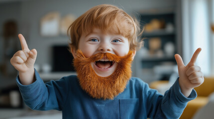 Close-up of a joyful child with a fake red beard, pointing upwards with both hands in an indoor setting.