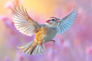 A startled bird, mid-flight, reacting to a rainbow appearing in front of it, set against a pastel lavender background,