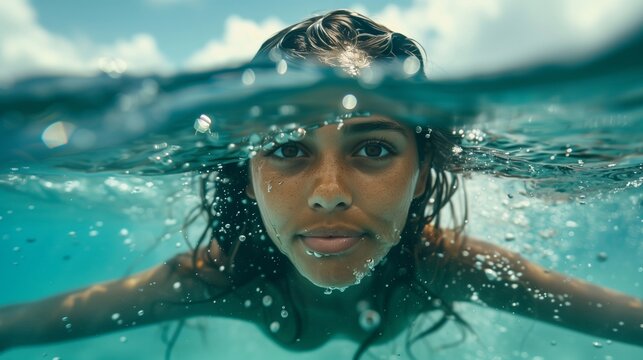 Maori woman swimming in the sea.