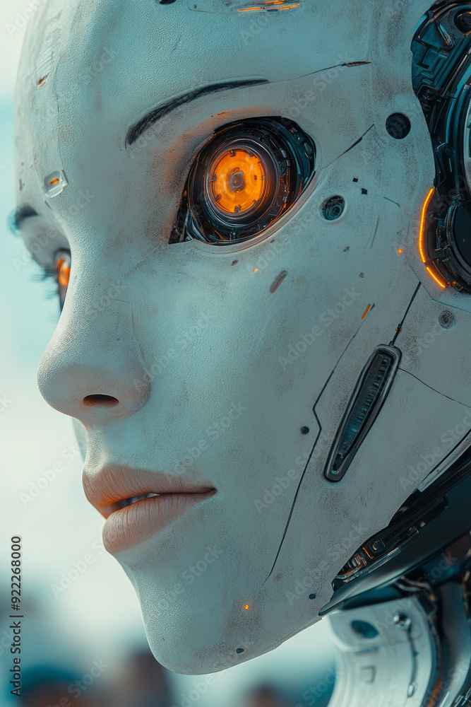 Poster an ai-powered robot assistant helping with crowd control at a public festival, isolated on a pastel 