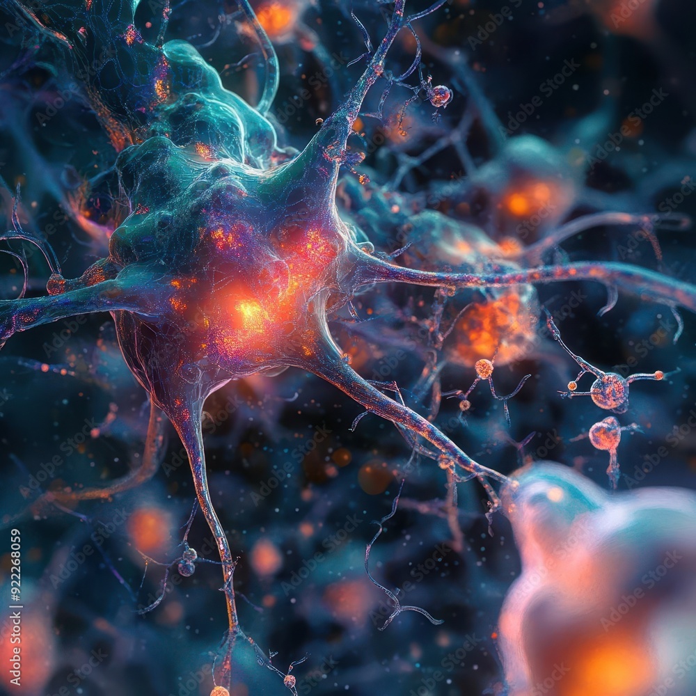 Poster 3d illustration of neuron networks in the brain, with visible nervous system structure, vibrant colo
