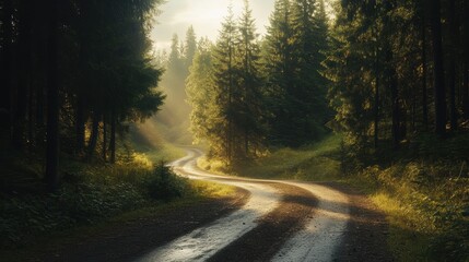 Obraz premium A road with a curve in the middle of a forest