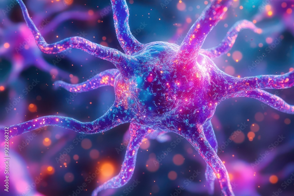 Poster 3d close-up of neuron cells in the brain, intricate network structure with vibrant colors for highli