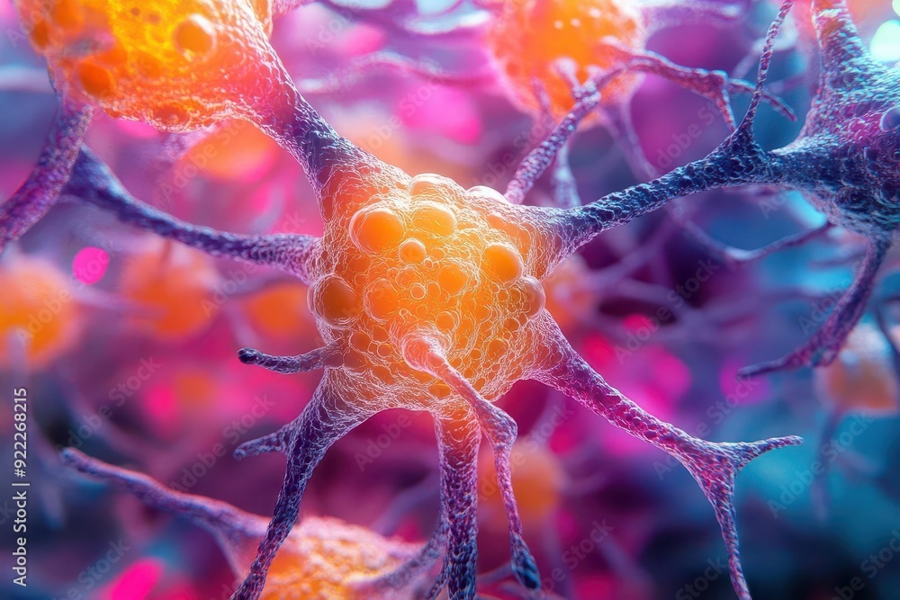 Poster 3d close-up of neuron cells in the brain, showcasing an intricate network structure with vibrant col