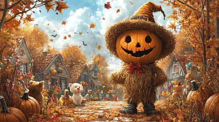 A cheerful scarecrow in an autumn village with pumpkins and colorful leaves, perfect for celebrating the harvest season.