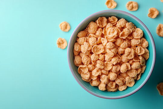A box of iron-fortified cereal, set against a pastel turquoise background, - Powered by Adobe