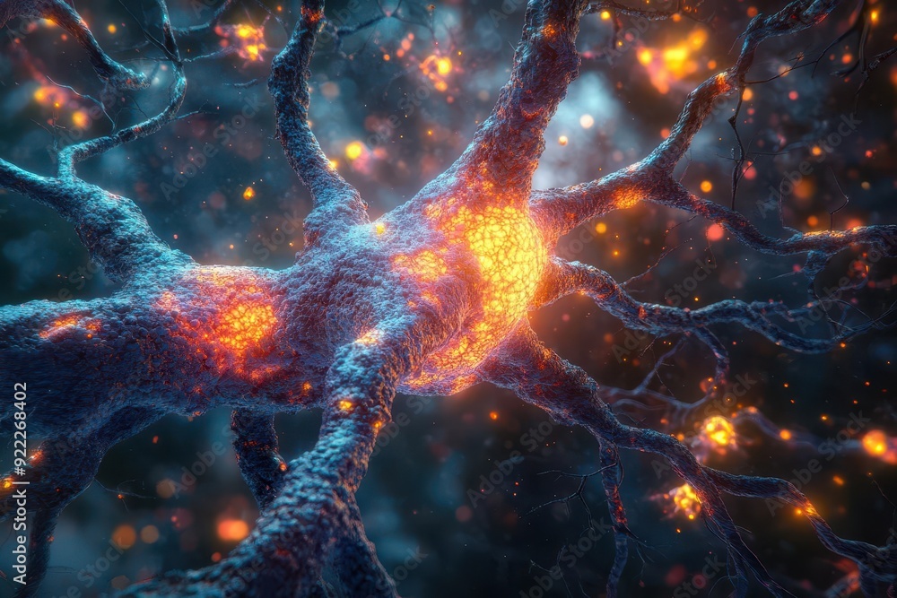 Poster 3d close-up of neuron cells in the brain, intricate network structure with vibrant colors for emphas