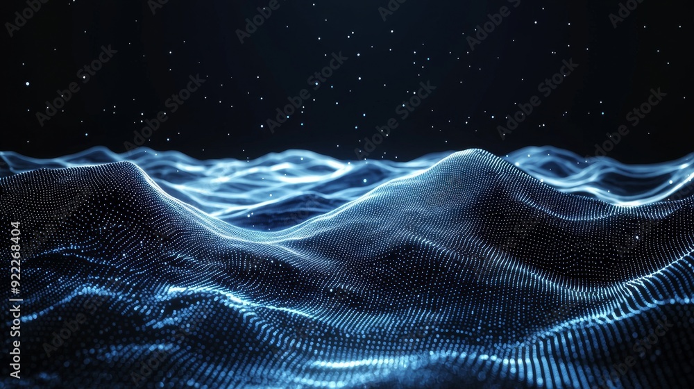 Poster digital wave of particles illustrating big data. 3d illustration of abstract digital wave.